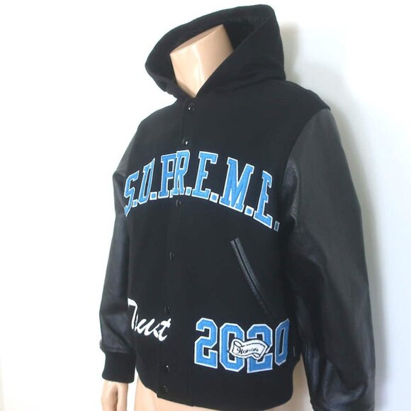 Supreme King Leather-Sleeve Hooded Varsity Jacket Black Size Medium - Picture 3 of 10